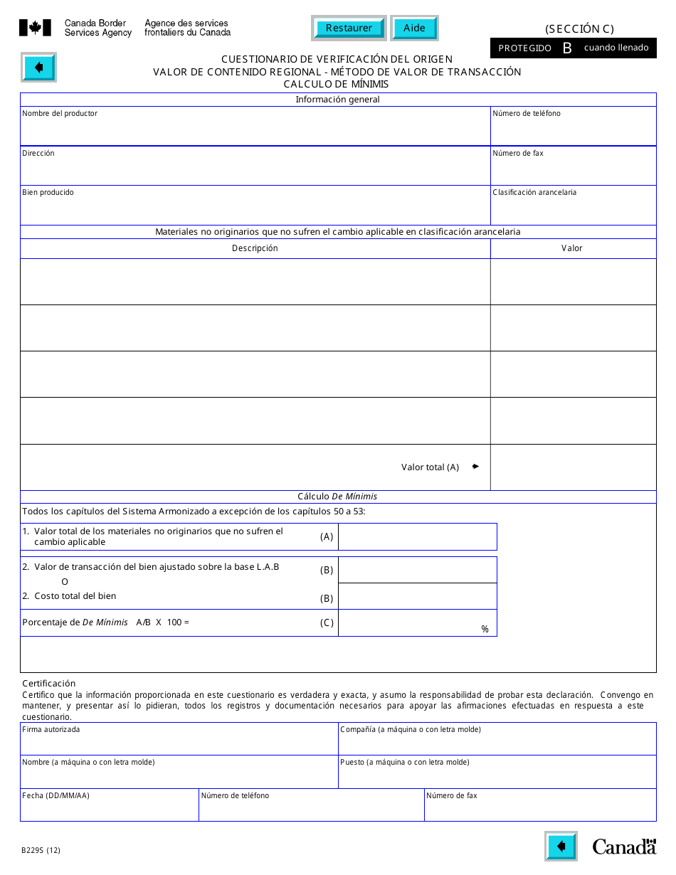 Formulario B229S Tratado De Libre Comercio De America Del Norte (Tlcan) Cuestionario De Verificacon Del Origen Valor De Contenido Regional - Metodo De Valor De Transaccion - Canada (Spanish), Page 21