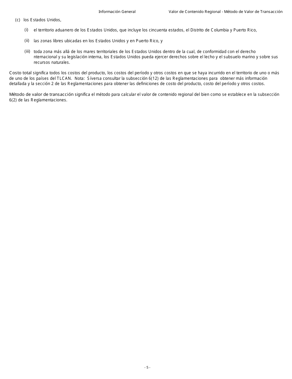 Formulario B229S Tratado De Libre Comercio De America Del Norte (Tlcan) Cuestionario De Verificacon Del Origen Valor De Contenido Regional - Metodo De Valor De Transaccion - Canada (Spanish), Page 6