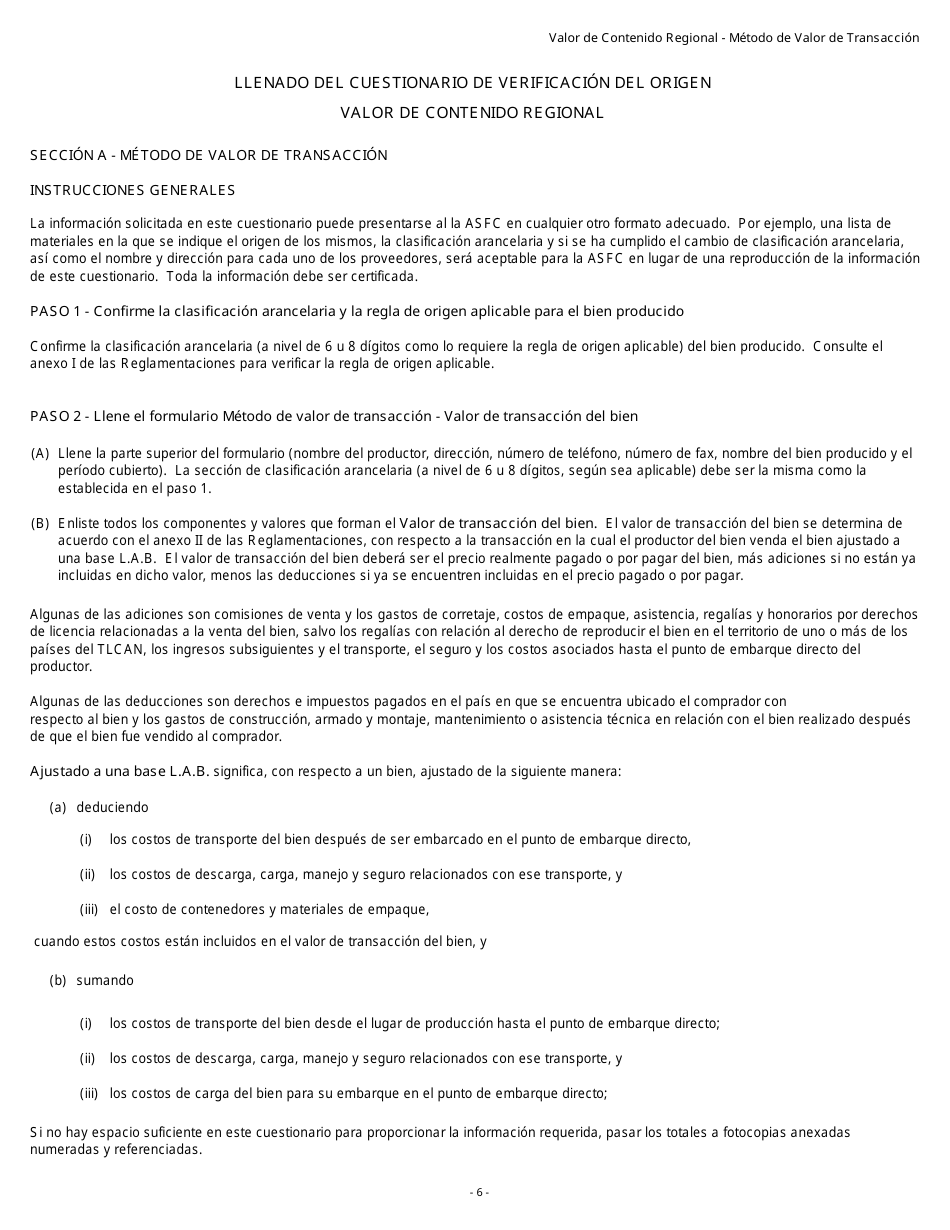 Formulario B229S Tratado De Libre Comercio De America Del Norte (Tlcan) Cuestionario De Verificacon Del Origen Valor De Contenido Regional - Metodo De Valor De Transaccion - Canada (Spanish), Page 7