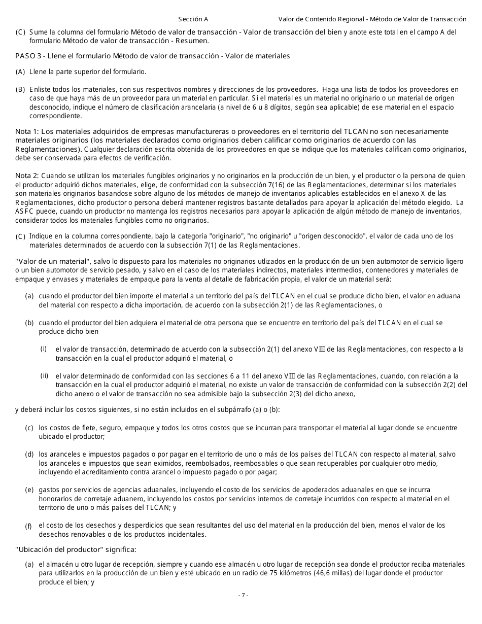 Formulario B229S Tratado De Libre Comercio De America Del Norte (Tlcan) Cuestionario De Verificacon Del Origen Valor De Contenido Regional - Metodo De Valor De Transaccion - Canada (Spanish), Page 8