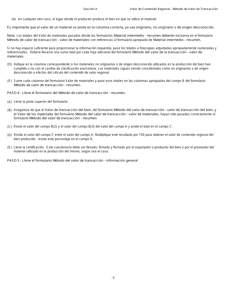 Formulario B229S Tratado De Libre Comercio De America Del Norte (Tlcan) Cuestionario De Verificacon Del Origen Valor De Contenido Regional - Metodo De Valor De Transaccion - Canada (Spanish), Page 9