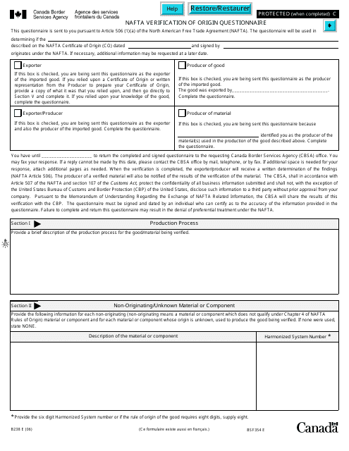 Form B238 Nafta Verification of Origin Questionnaire - Canada