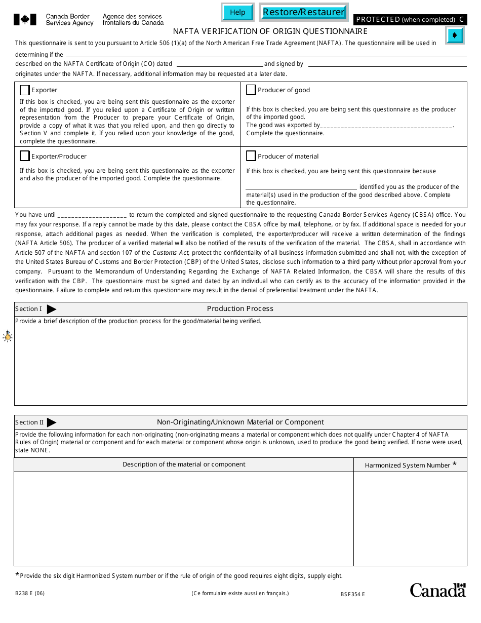Form B238 Nafta Verification of Origin Questionnaire - Canada, Page 1