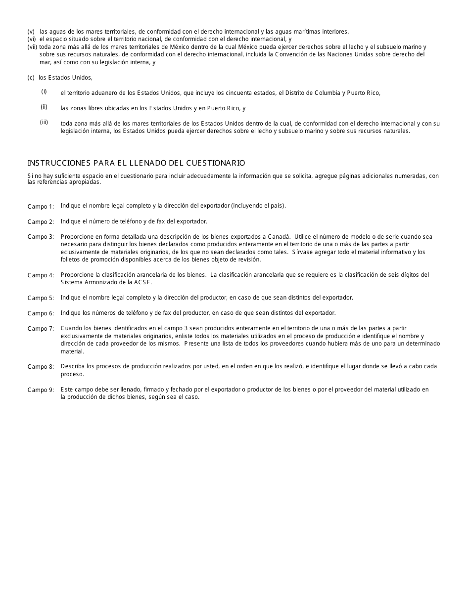 Formulario B235 S Tratado De Libre Comercio De America Del Norte (Tlcan) Cuestionairo Para La Verificacion De Origen - Bienes Produciodos Entramente En El Territorio De Una O Mas De Las Partes a Partir Exclusivamente - Canada (Spanish), Page 3