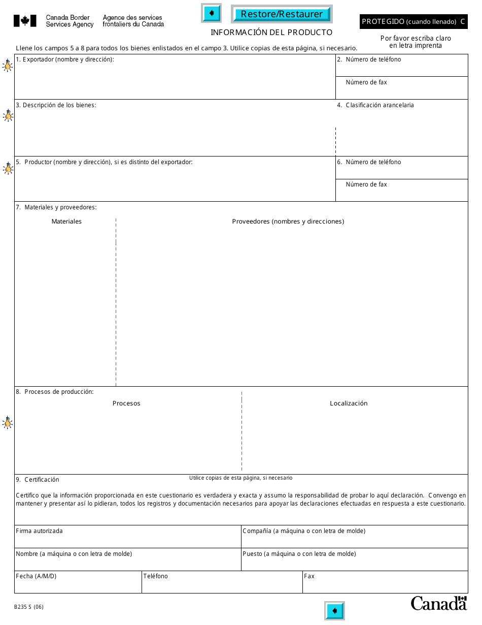 Formulario B235 S Tratado De Libre Comercio De America Del Norte (Tlcan) Cuestionairo Para La Verificacion De Origen - Bienes Produciodos Entramente En El Territorio De Una O Mas De Las Partes a Partir Exclusivamente - Canada (Spanish), Page 4