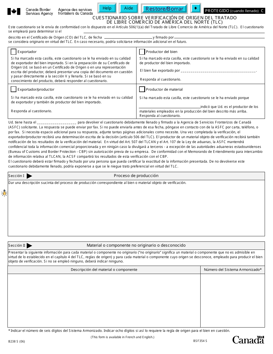 Formulario B238 S Cuestionario Sobre Verificacion De Origen Del Tratado De Libre Comercio De America Del Norte (Tlc) - Canada (Spanish), Page 1