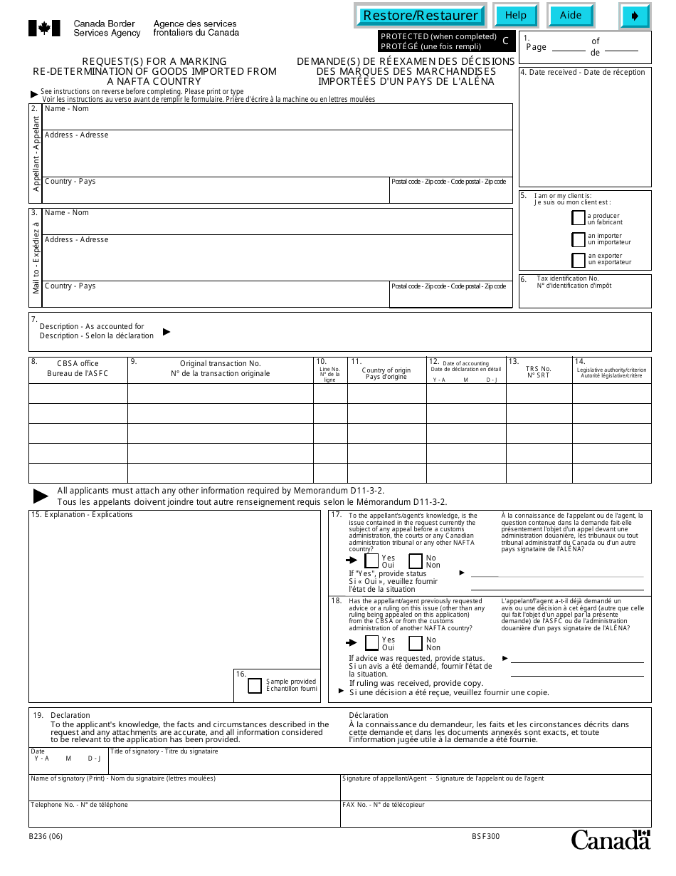 Form B236 Request(S) for a Marking Re-determination of Goods Imported From a Nafta Country - Canada (English / French), Page 1