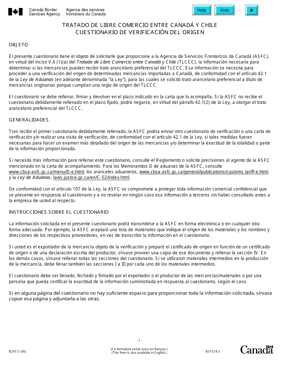 Formulario B247 (BSF318) Cuestionario Sobre Verificacion De Origen Del Tratado De Libre Comercio Entre Canada Y Chile - Canada (Spanish), Page 1