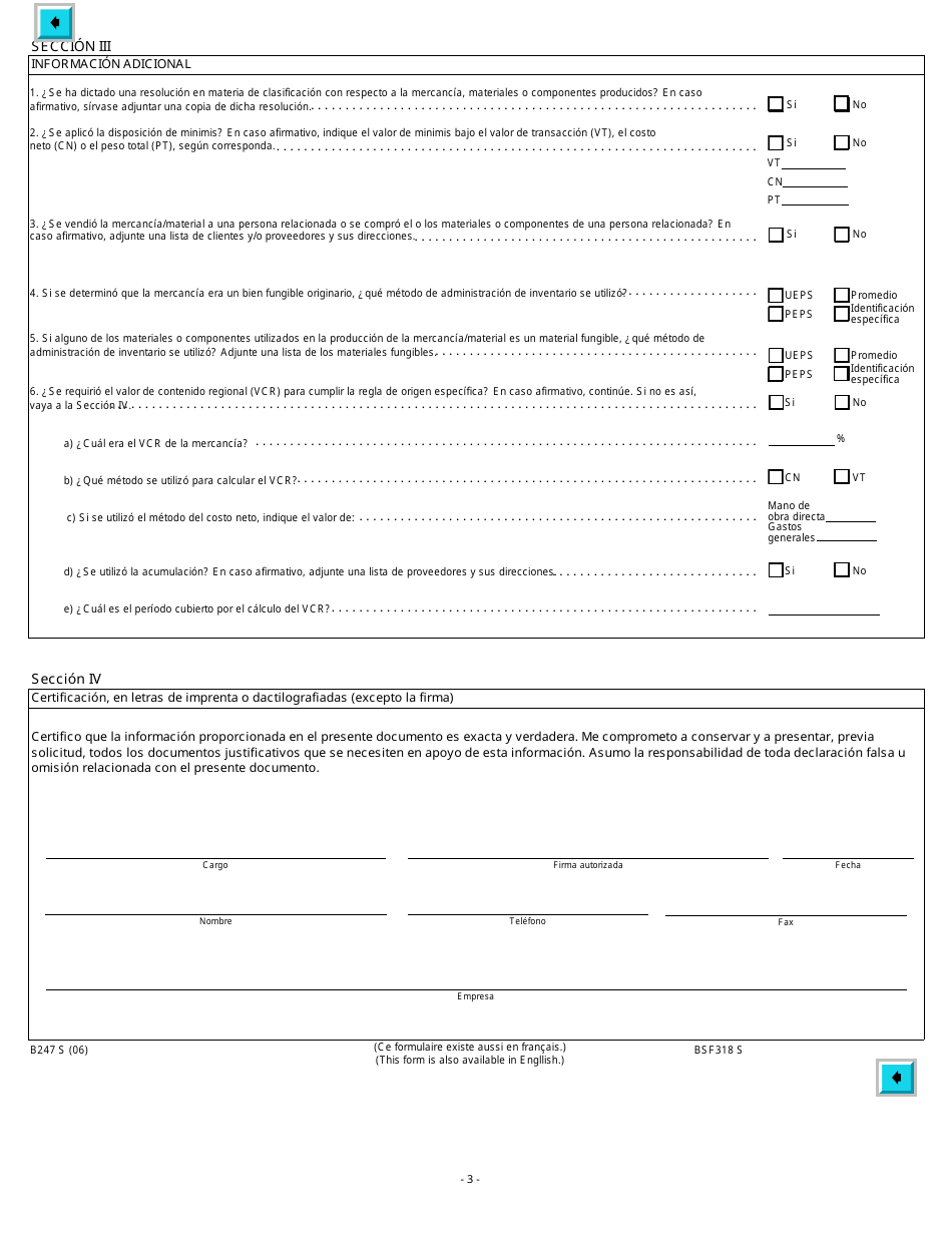 Formulario B247 (BSF318) Cuestionario Sobre Verificacion De Origen Del Tratado De Libre Comercio Entre Canada Y Chile - Canada (Spanish), Page 3