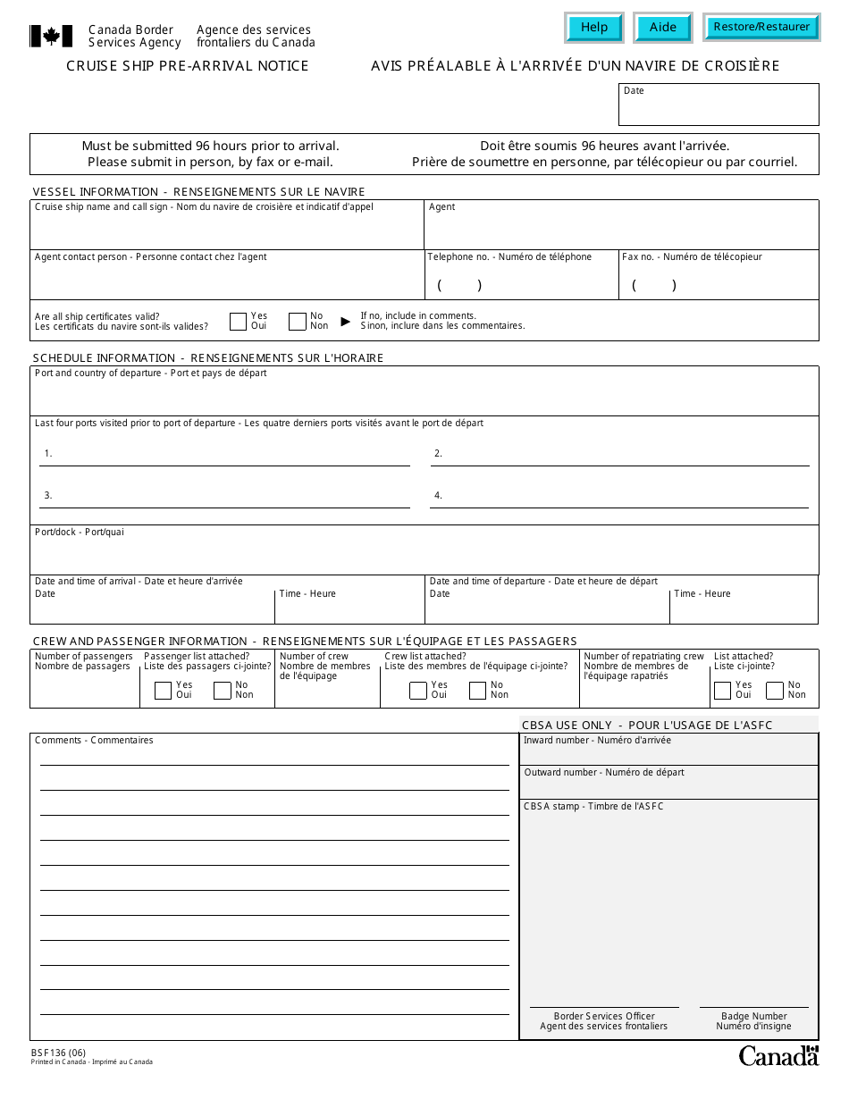 Form BSF136 Cruise Ship Pre-arrival Notice - Canada (English / French), Page 1