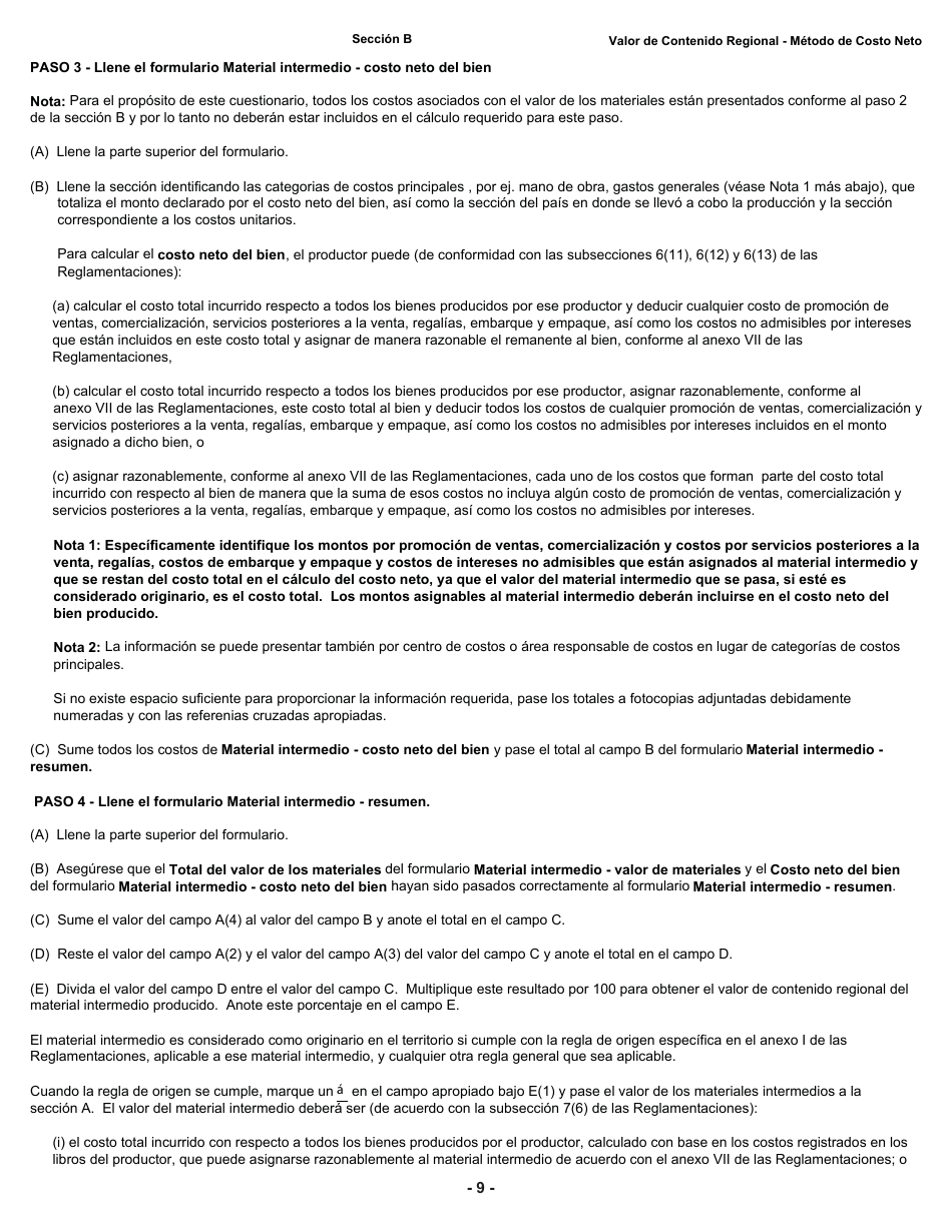 Formulario B228 S Tratado De Libre Comercio De America Del Norte (Tlcan) Cuestionario De Verificacion Del Origen - Valor De Contenido Regional Metodo De Costo Neto - Canada (Spanish), Page 10