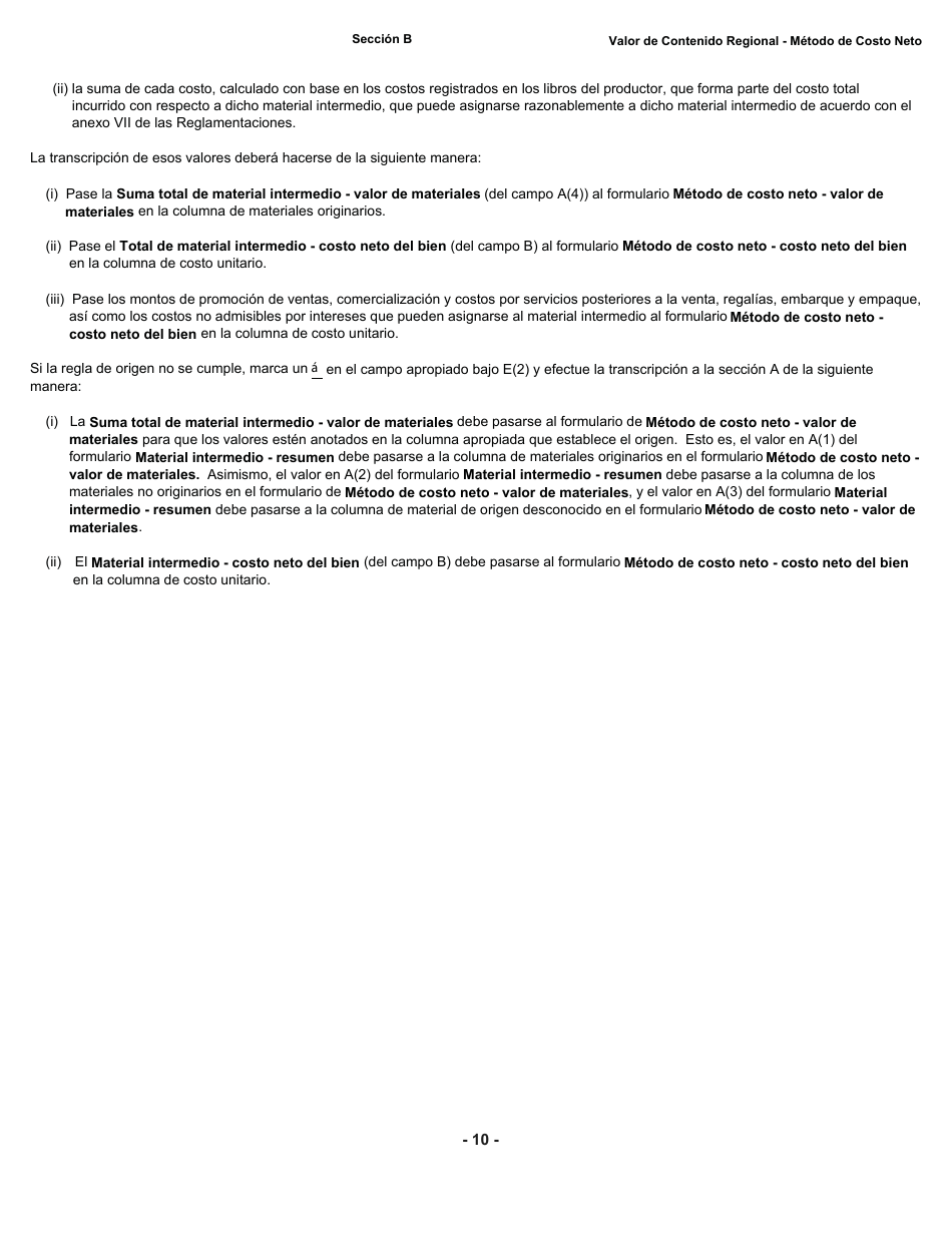 Formulario B228 S Tratado De Libre Comercio De America Del Norte (Tlcan) Cuestionario De Verificacion Del Origen - Valor De Contenido Regional Metodo De Costo Neto - Canada (Spanish), Page 11