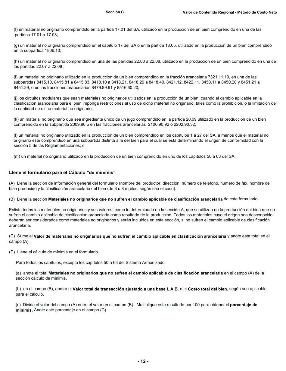 Formulario B228 S Tratado De Libre Comercio De America Del Norte (Tlcan) Cuestionario De Verificacion Del Origen - Valor De Contenido Regional Metodo De Costo Neto - Canada (Spanish), Page 13