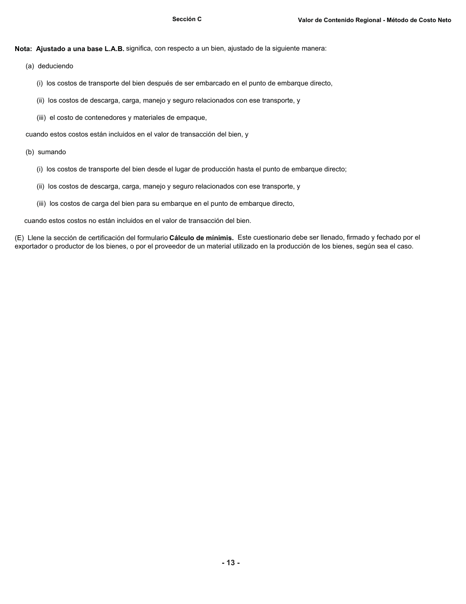 Formulario B228 S Tratado De Libre Comercio De America Del Norte (Tlcan) Cuestionario De Verificacion Del Origen - Valor De Contenido Regional Metodo De Costo Neto - Canada (Spanish), Page 14