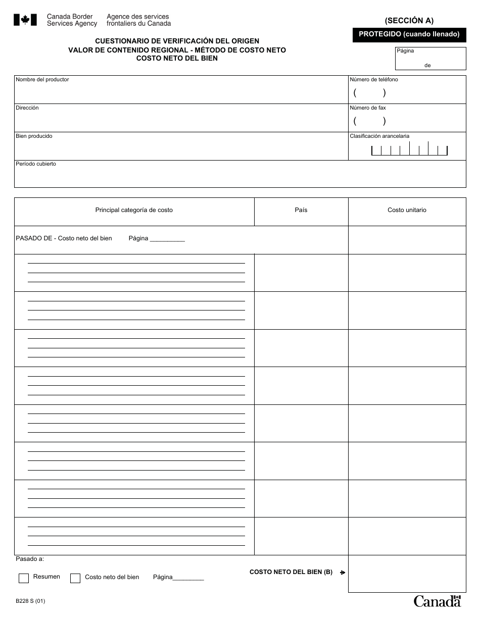 Formulario B228 S Tratado De Libre Comercio De America Del Norte (Tlcan) Cuestionario De Verificacion Del Origen - Valor De Contenido Regional Metodo De Costo Neto - Canada (Spanish), Page 16