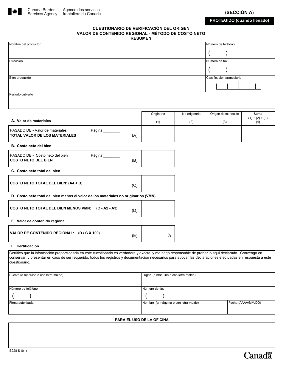 Formulario B228 S Tratado De Libre Comercio De America Del Norte (Tlcan) Cuestionario De Verificacion Del Origen - Valor De Contenido Regional Metodo De Costo Neto - Canada (Spanish), Page 17