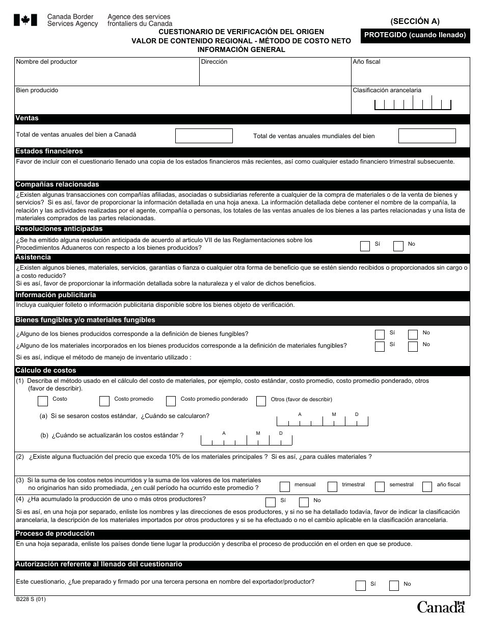 Formulario B228 S Tratado De Libre Comercio De America Del Norte (Tlcan) Cuestionario De Verificacion Del Origen - Valor De Contenido Regional Metodo De Costo Neto - Canada (Spanish), Page 18