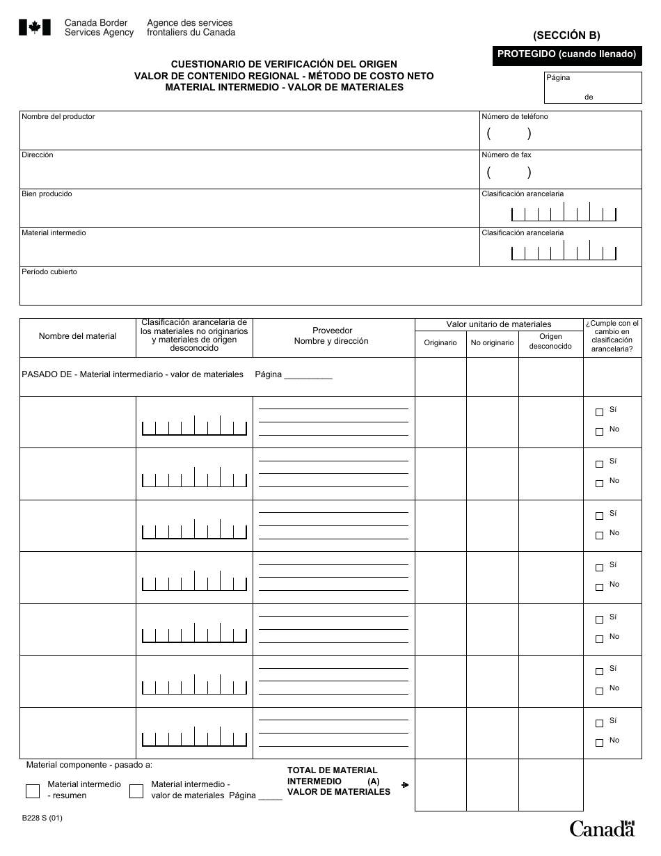 Formulario B228 S Tratado De Libre Comercio De America Del Norte (Tlcan) Cuestionario De Verificacion Del Origen - Valor De Contenido Regional Metodo De Costo Neto - Canada (Spanish), Page 19