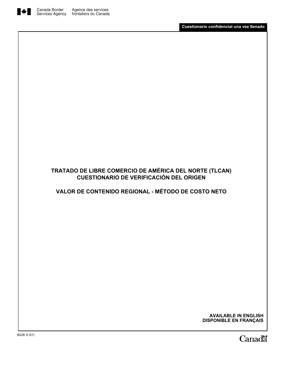 Formulario B228 S Tratado De Libre Comercio De America Del Norte (Tlcan) Cuestionario De Verificacion Del Origen - Valor De Contenido Regional Metodo De Costo Neto - Canada (Spanish), Page 1