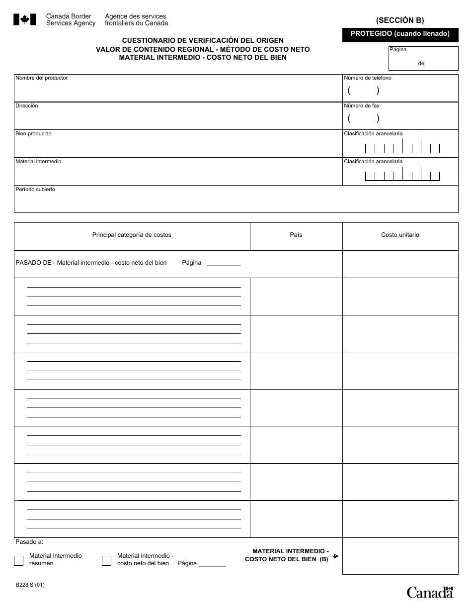 Formulario B228 S Tratado De Libre Comercio De America Del Norte (Tlcan) Cuestionario De Verificacion Del Origen - Valor De Contenido Regional Metodo De Costo Neto - Canada (Spanish), Page 20