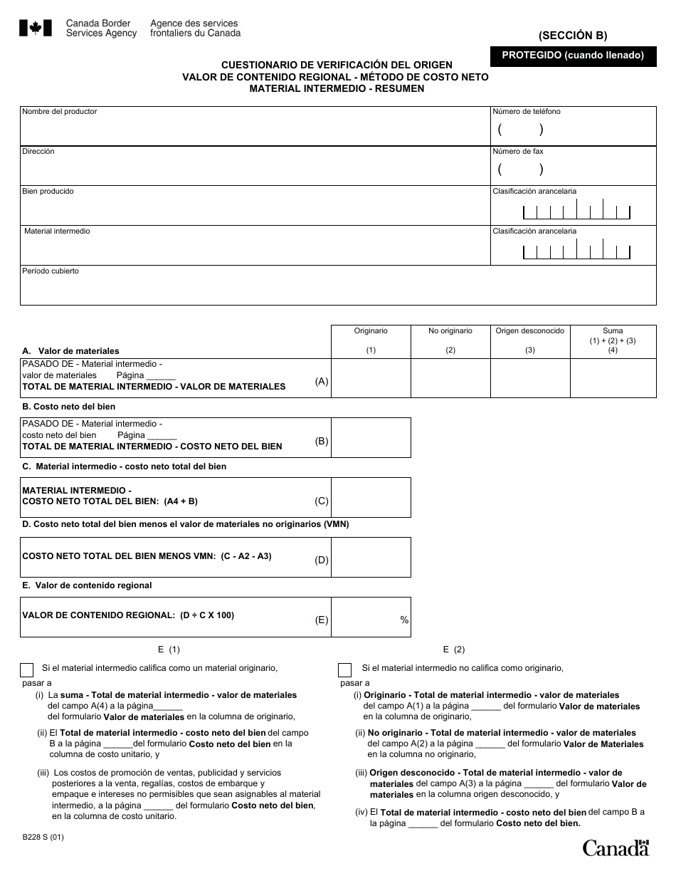Formulario B228 S Tratado De Libre Comercio De America Del Norte (Tlcan) Cuestionario De Verificacion Del Origen - Valor De Contenido Regional Metodo De Costo Neto - Canada (Spanish), Page 21