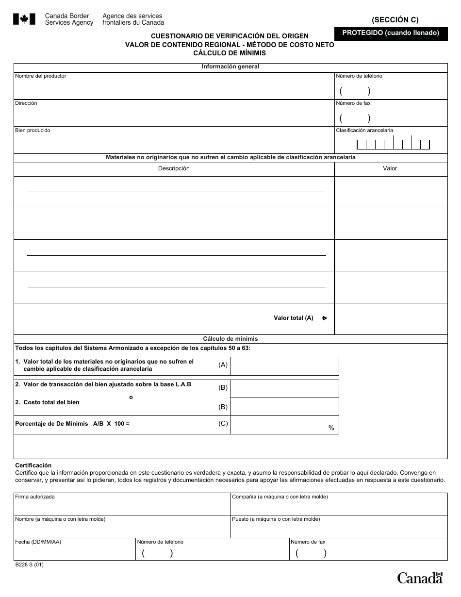 Formulario B228 S Tratado De Libre Comercio De America Del Norte (Tlcan) Cuestionario De Verificacion Del Origen - Valor De Contenido Regional Metodo De Costo Neto - Canada (Spanish), Page 22