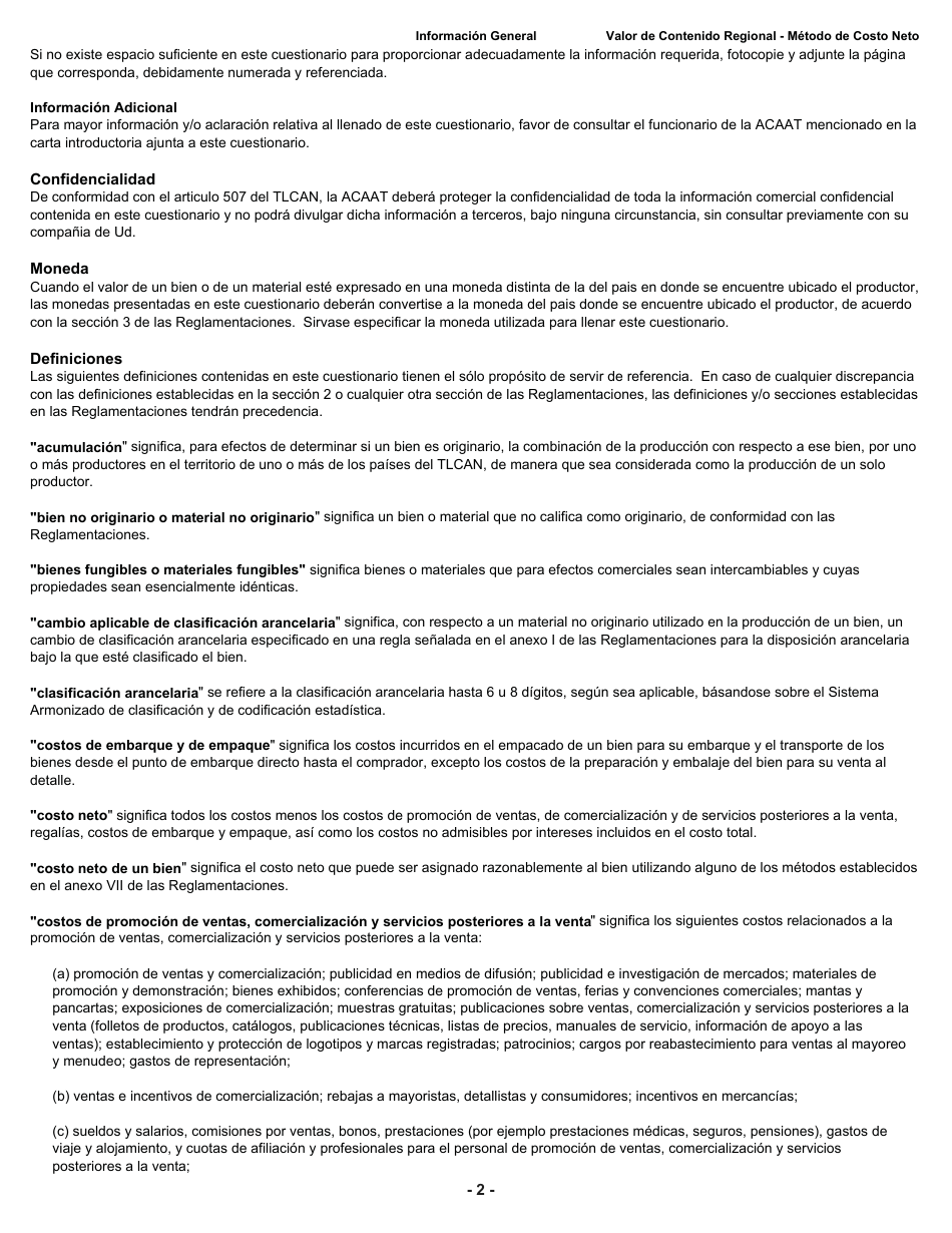 Formulario B228 S Tratado De Libre Comercio De America Del Norte (Tlcan) Cuestionario De Verificacion Del Origen - Valor De Contenido Regional Metodo De Costo Neto - Canada (Spanish), Page 3