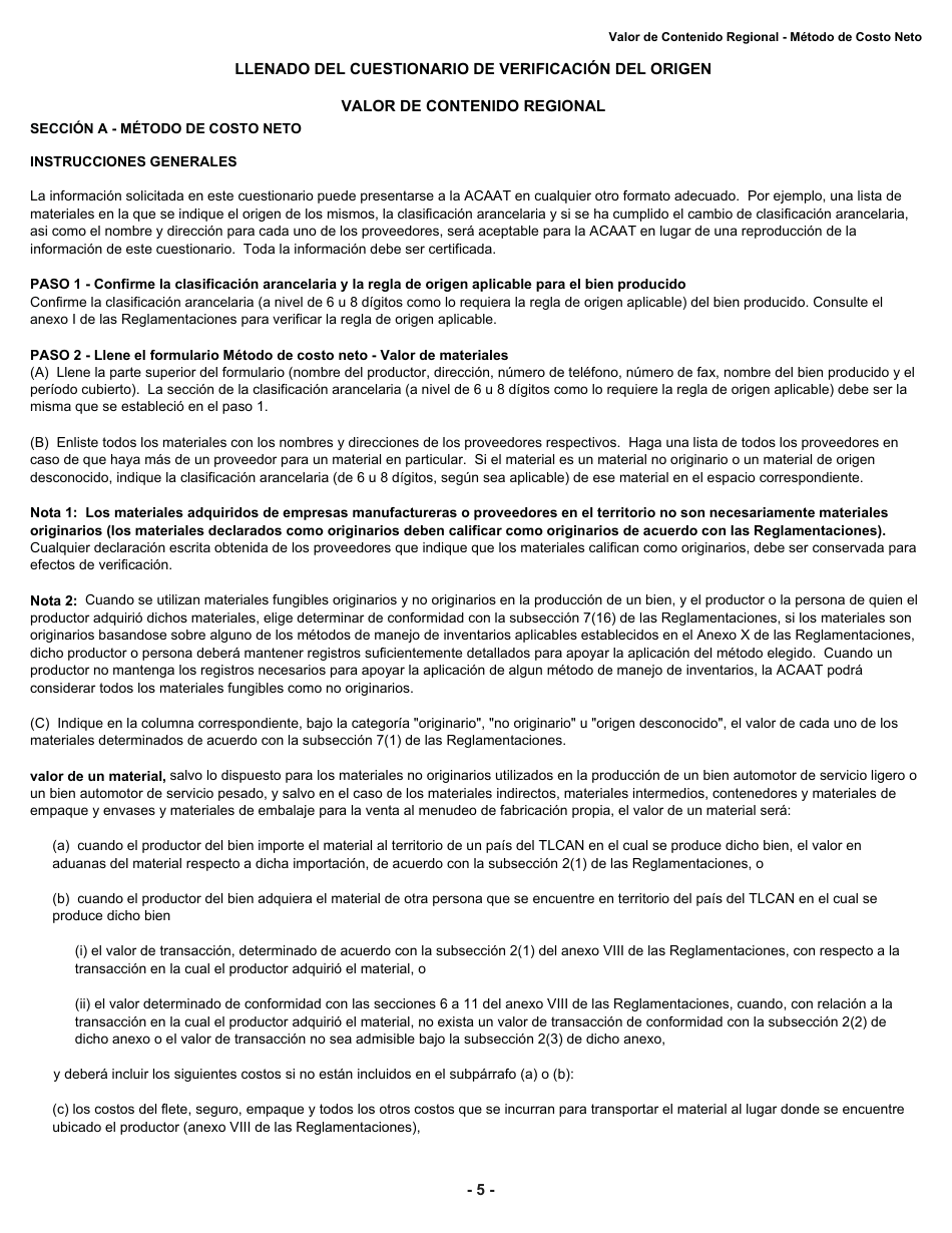 Formulario B228 S Tratado De Libre Comercio De America Del Norte (Tlcan) Cuestionario De Verificacion Del Origen - Valor De Contenido Regional Metodo De Costo Neto - Canada (Spanish), Page 6