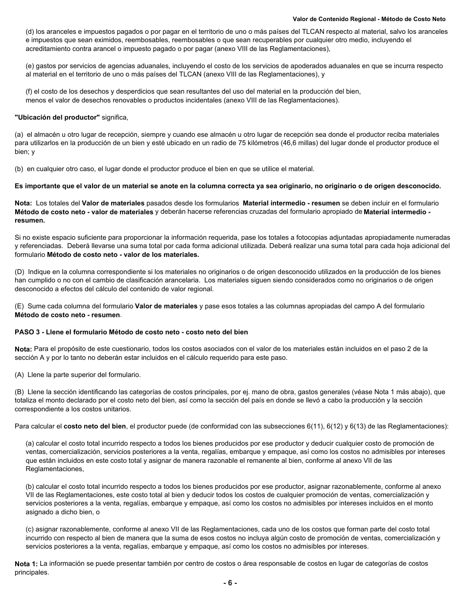 Formulario B228 S Tratado De Libre Comercio De America Del Norte (Tlcan) Cuestionario De Verificacion Del Origen - Valor De Contenido Regional Metodo De Costo Neto - Canada (Spanish), Page 7