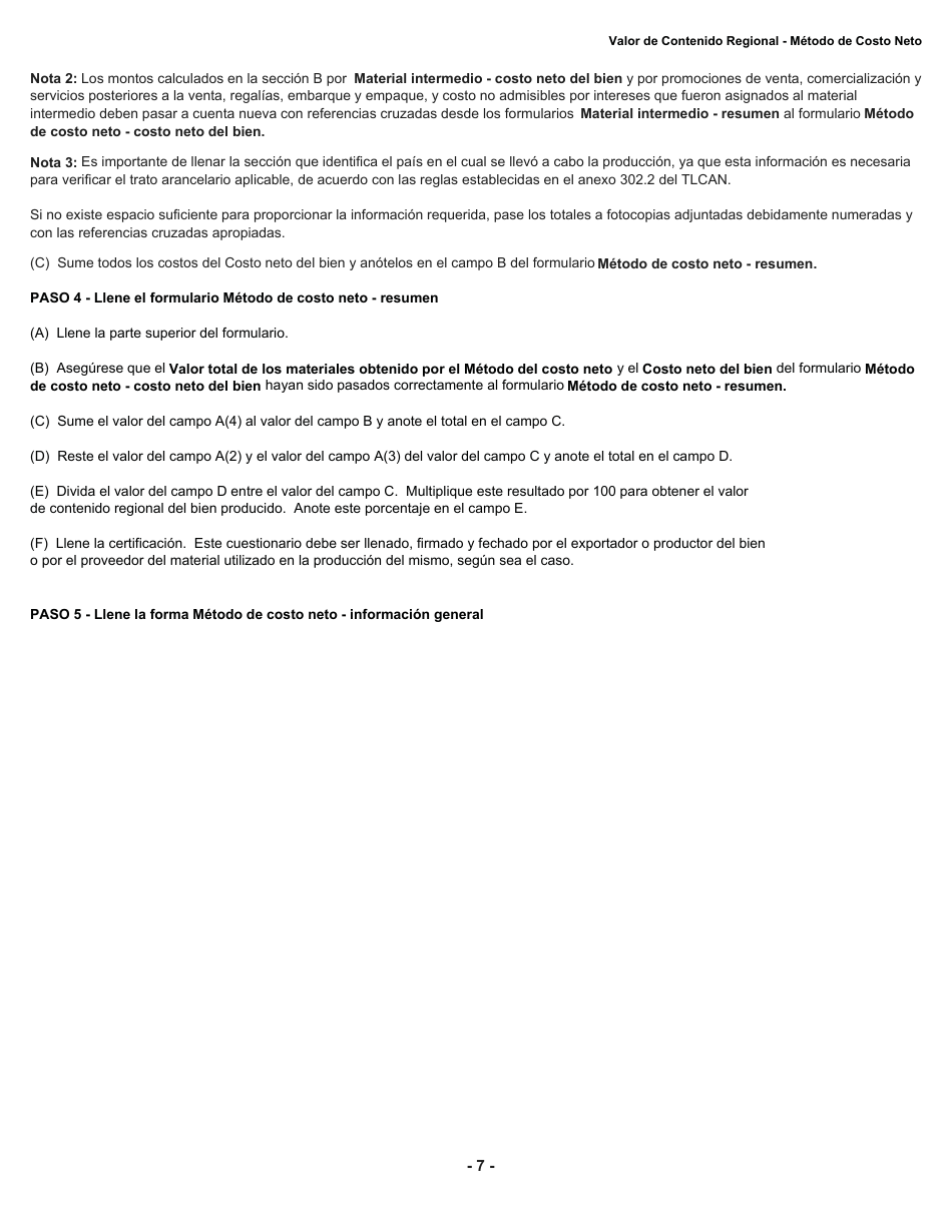 Formulario B228 S Tratado De Libre Comercio De America Del Norte (Tlcan) Cuestionario De Verificacion Del Origen - Valor De Contenido Regional Metodo De Costo Neto - Canada (Spanish), Page 8