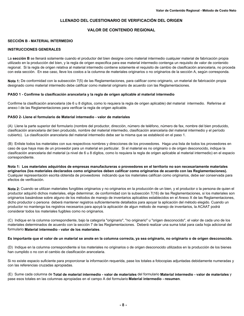 Formulario B228 S Tratado De Libre Comercio De America Del Norte (Tlcan) Cuestionario De Verificacion Del Origen - Valor De Contenido Regional Metodo De Costo Neto - Canada (Spanish), Page 9
