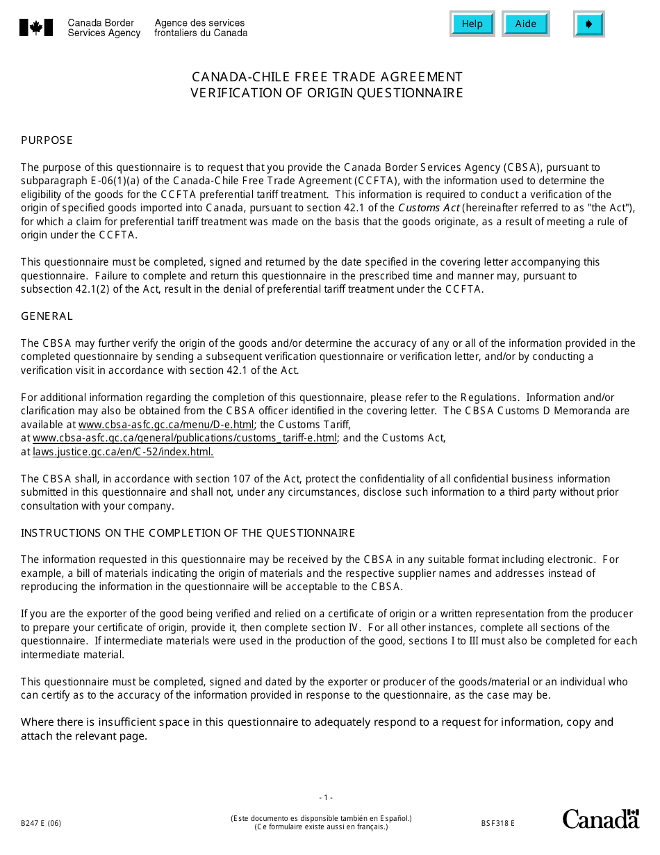 Form B247 (BSF318) Canada-Chile Free Trade Agreement Verification of Origin Questionnaire - Canada, Page 1