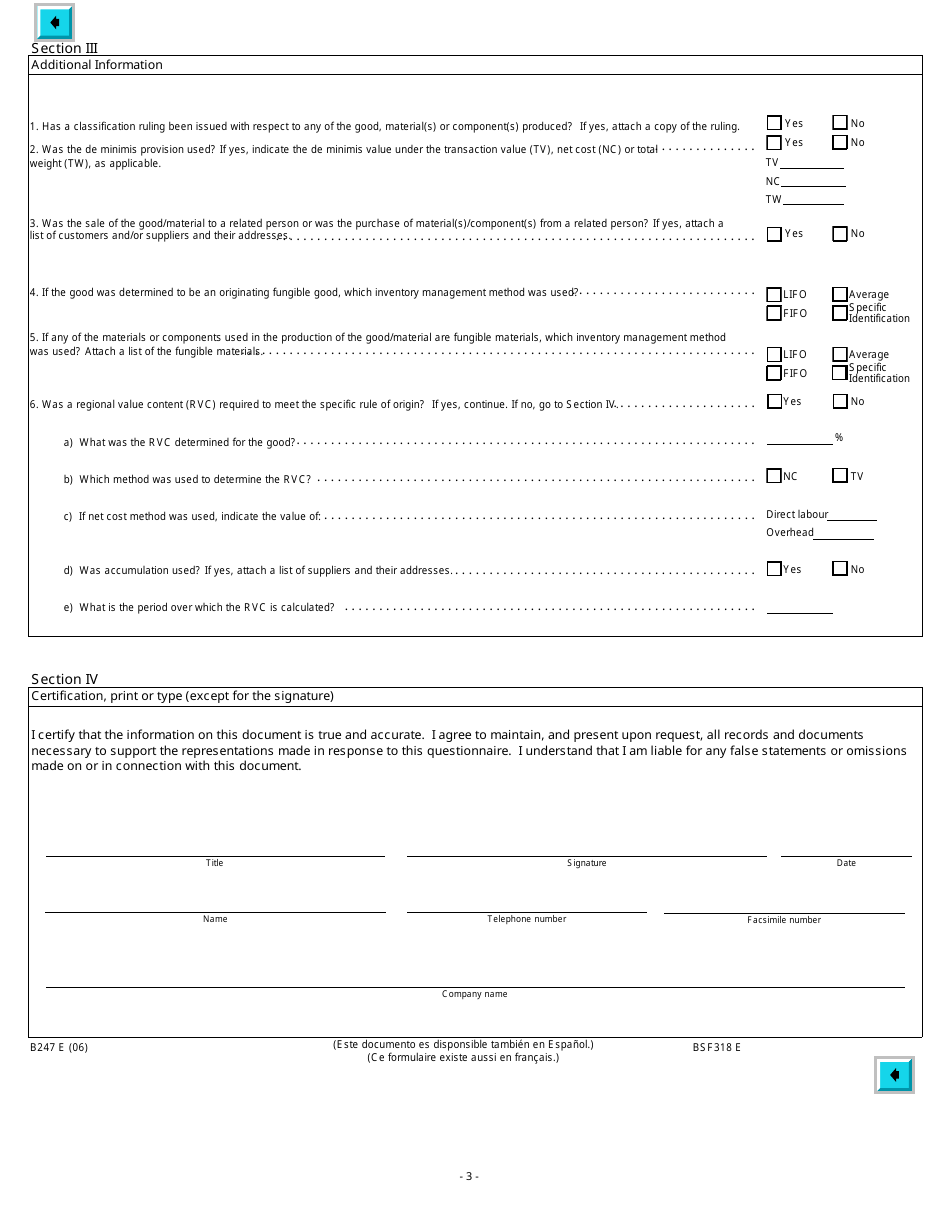 Form B247 (BSF318) Canada-Chile Free Trade Agreement Verification of Origin Questionnaire - Canada, Page 3