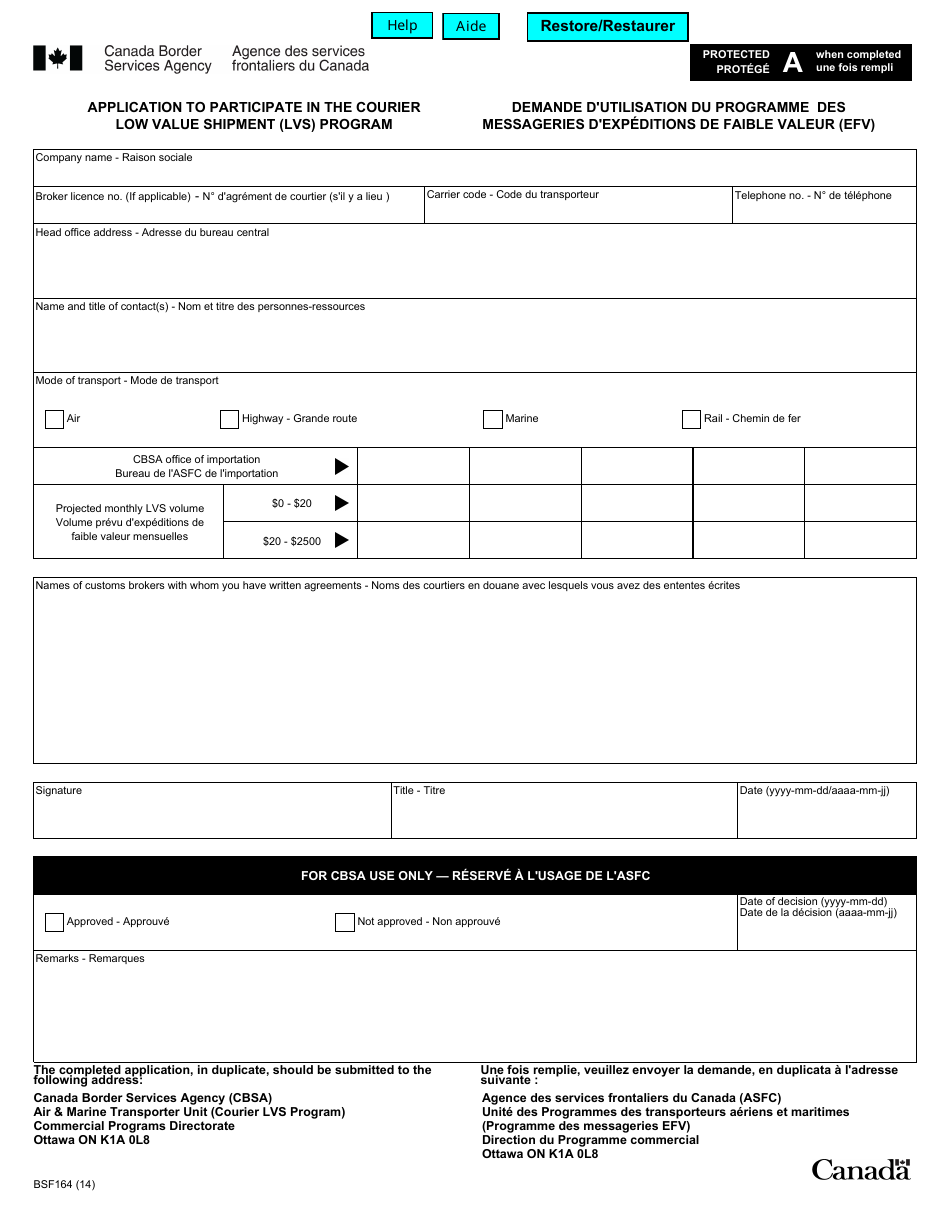 Form BSF164 Application to Participate in the Courier Low Value Shipment Program - Canada (English / French), Page 1