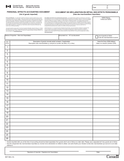 Form BSF186A  Printable Pdf