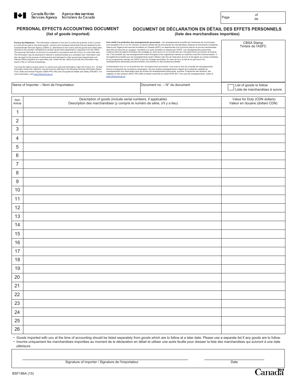Form BSF186A Personal Effects Accounting Document (List of Goods Imported) - Canada (English / French), Page 1