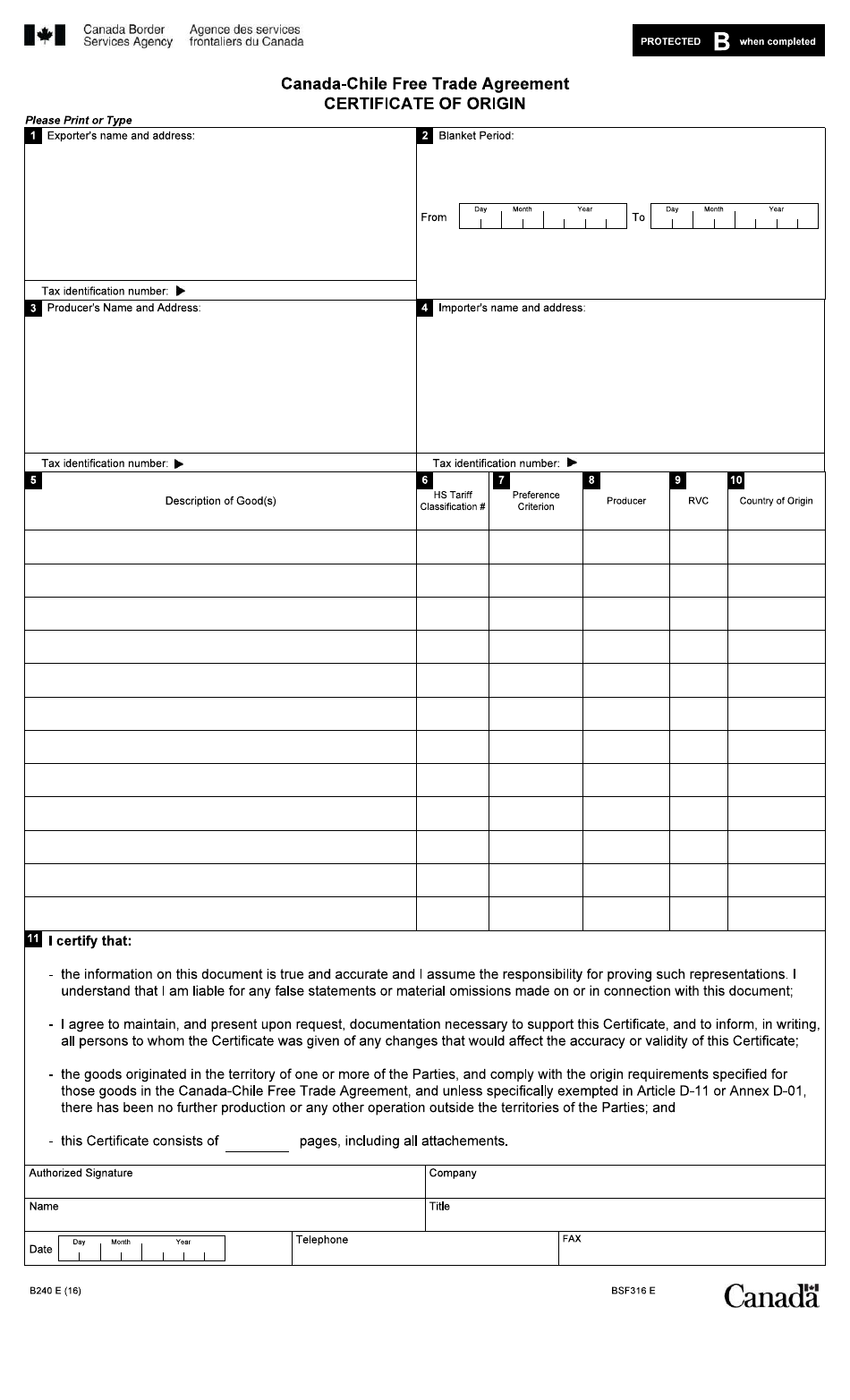 Form B240 Canada-Chile Free Trade Agreement - Certificate of Origin - Canada, Page 1