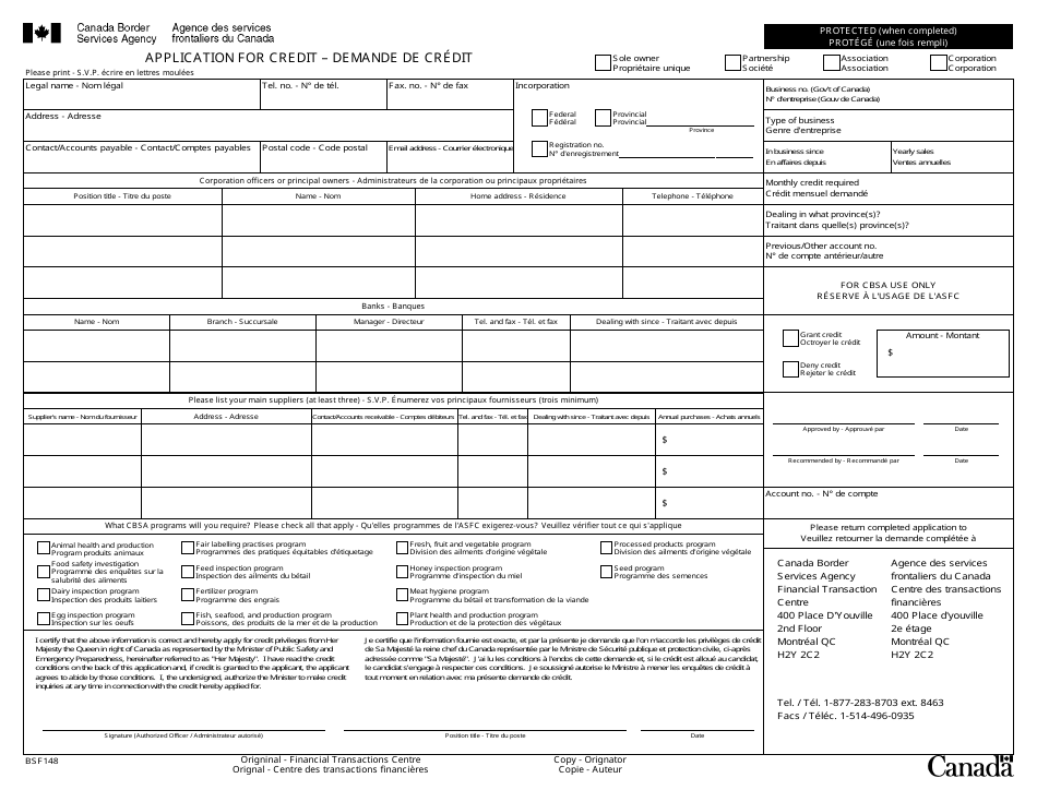 Form BSF148 Application for Credit - Canada (English / French), Page 1