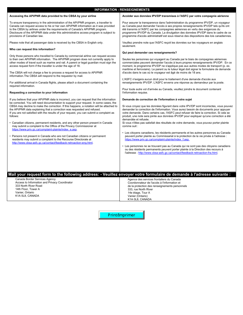 Form BSF153 Travellers Api / Pnr Information Request - Canada (English / French), Page 2