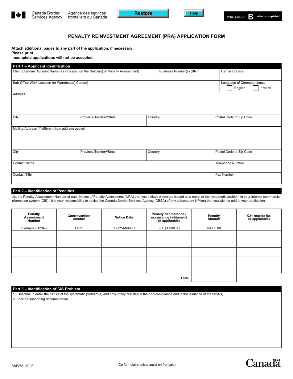 Form BSF266 Penalty Reinvestment Agreement (Pra) Application Form - Canada, Page 1