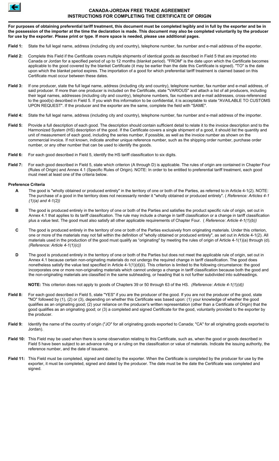 Form BSF303 Canada-Jordan Free Trade Agreement Certificate of Origin - Canada, Page 2