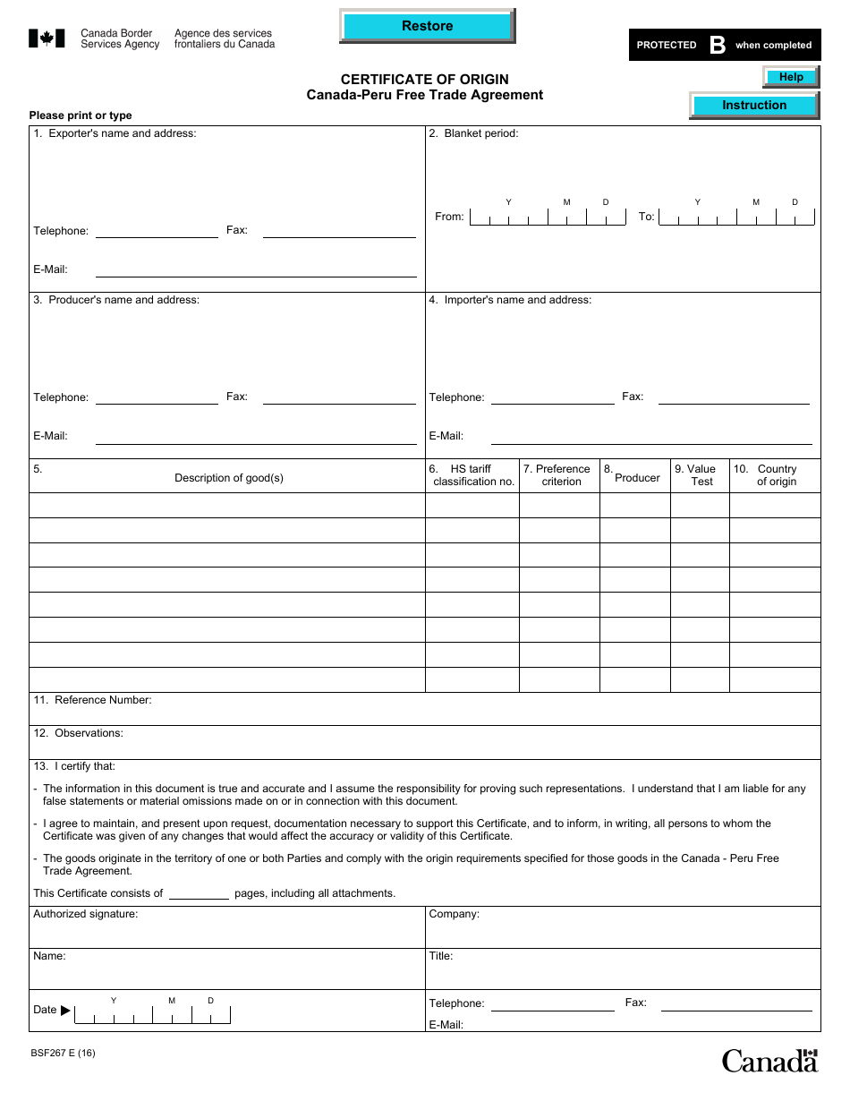 Form BSF267 Certificate of Origin Canada-Peru Free Trade Agreement - Canada, Page 1