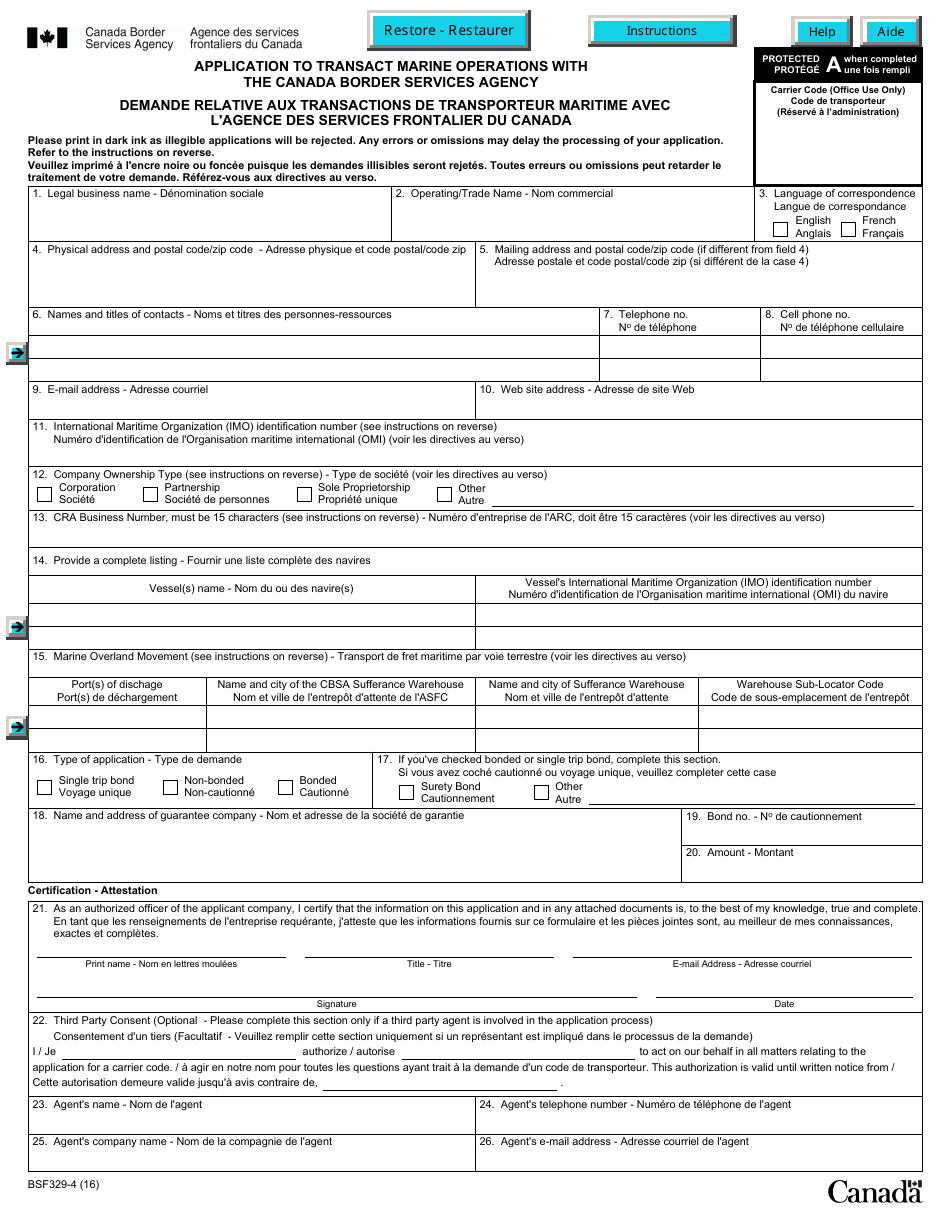 Form BSF329-4 Application to Transact Marine Operations With the Canada Border Services Agency - Canada (English / French), Page 1