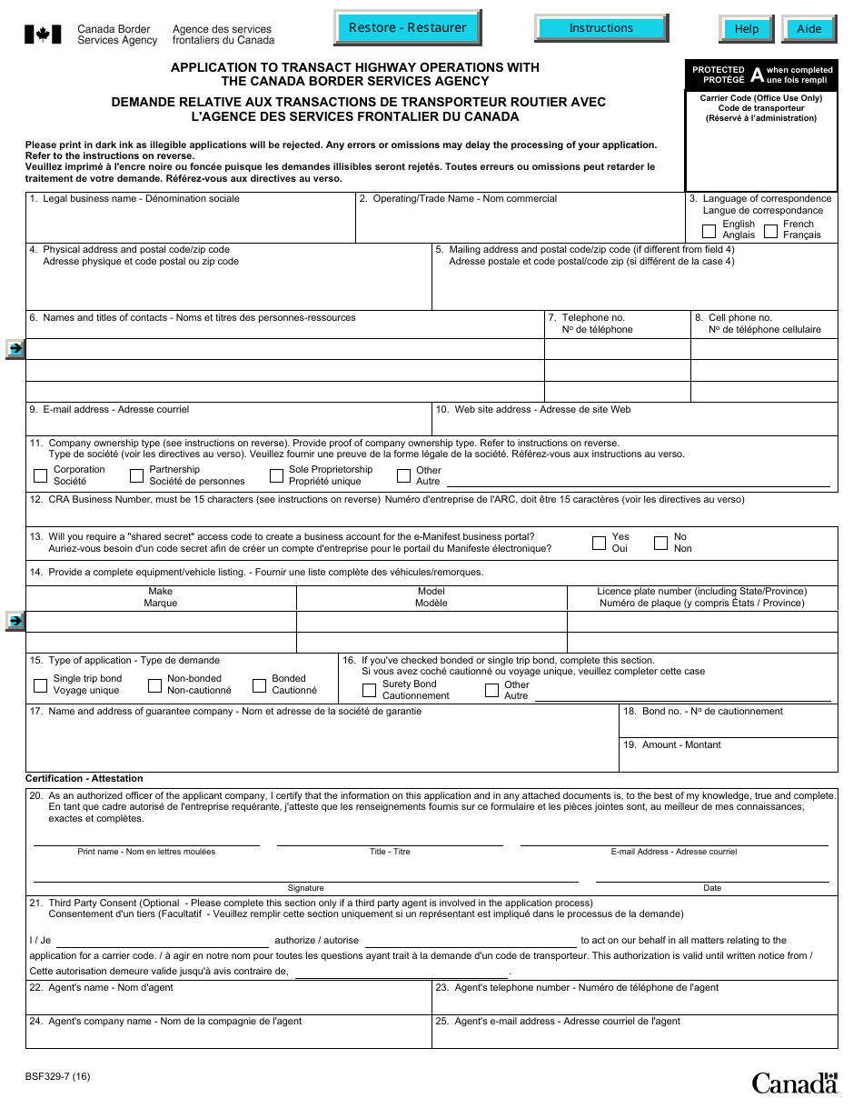 Form BSF329-7 Application to Transact Highway Operations With the Canada Border Services Agency - Canada (English / French), Page 1