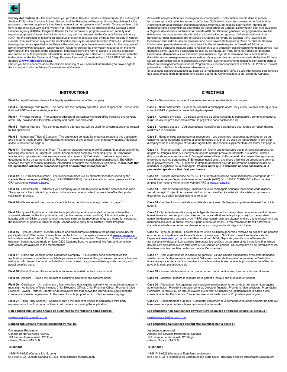 Form BSF329-7 Application to Transact Highway Operations With the Canada Border Services Agency - Canada (English / French), Page 2