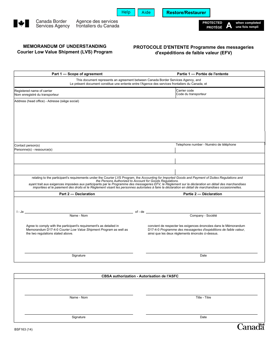 Form BSF163 Memorandum of Understanding - Courier / Low Value Shipment (Lvs) Program - Canada (English / French), Page 1