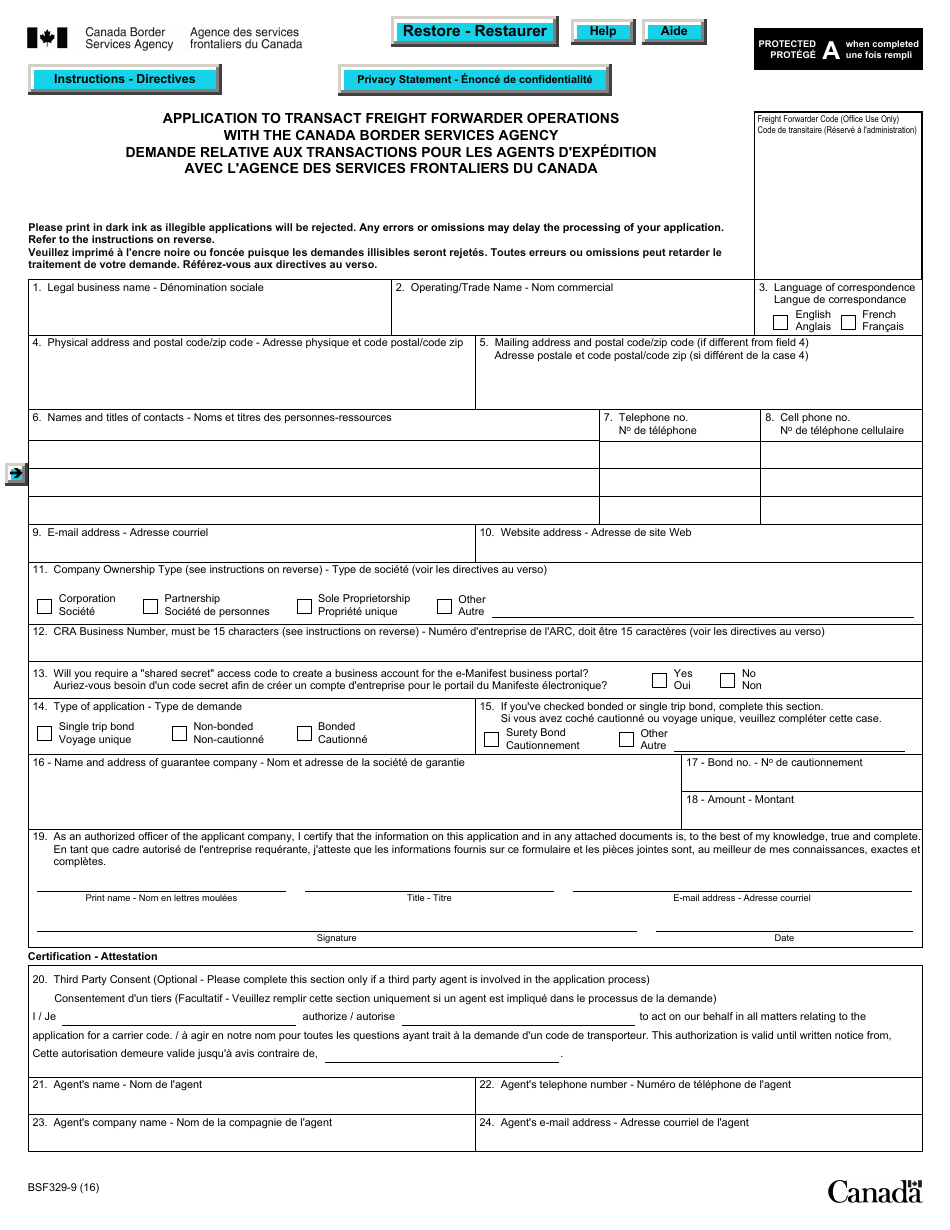 Form BSF329-9 Application to Transact Freight Forwarder Operations With the Canada Border Services Agency - Canada (English / French), Page 1