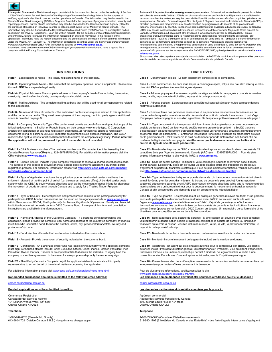 Form BSF329-9 Application to Transact Freight Forwarder Operations With the Canada Border Services Agency - Canada (English / French), Page 2
