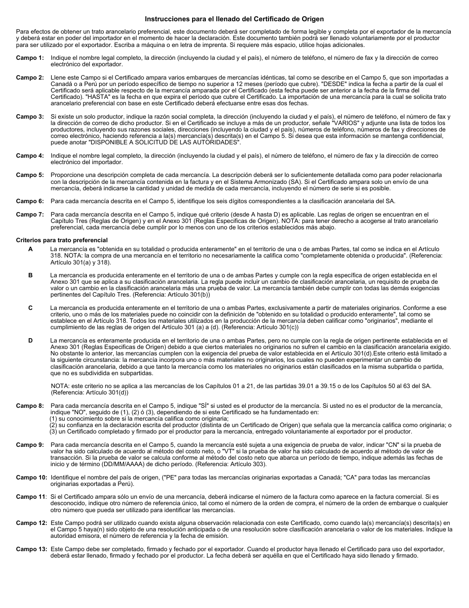 Formulario BSF267 S Certificado De Origen - Tratado De Libre Comercio Canada - Peru - Canada (Spanish), Page 2