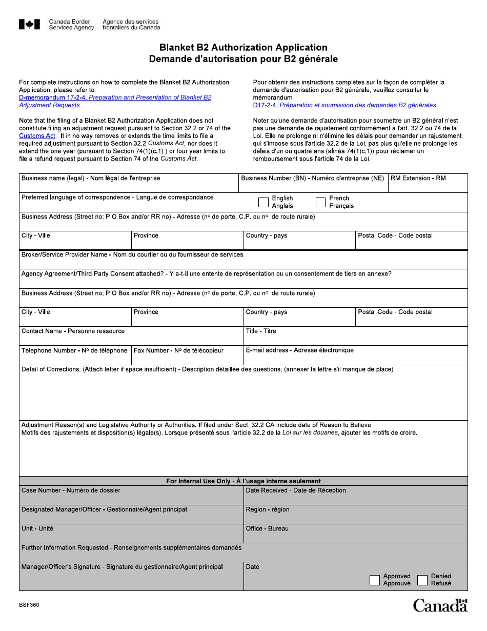 Form BSF360 Blanket B2 Authorization Application - Canada (English / French), Page 1